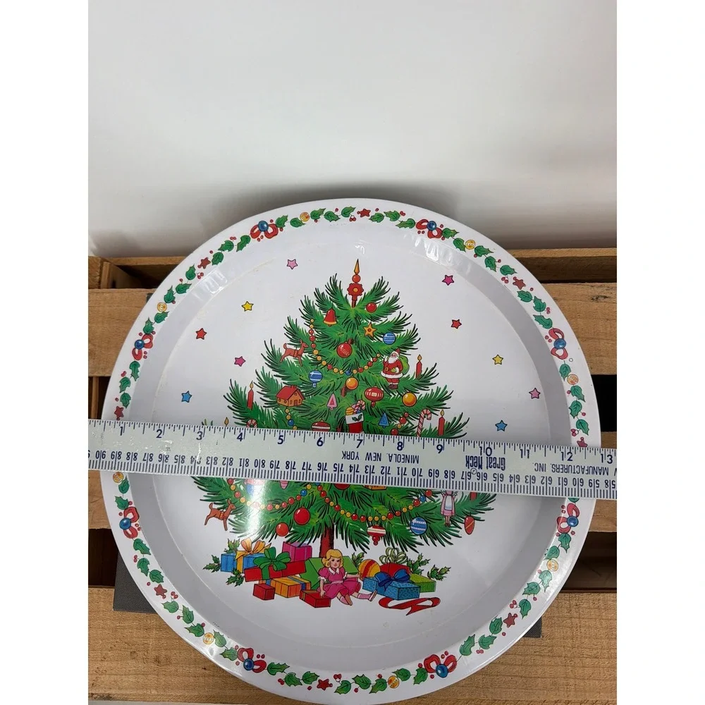 Vintage Ullman Co Christmas Tree Round Tin Serving Tray 13 Inch Holiday Decor